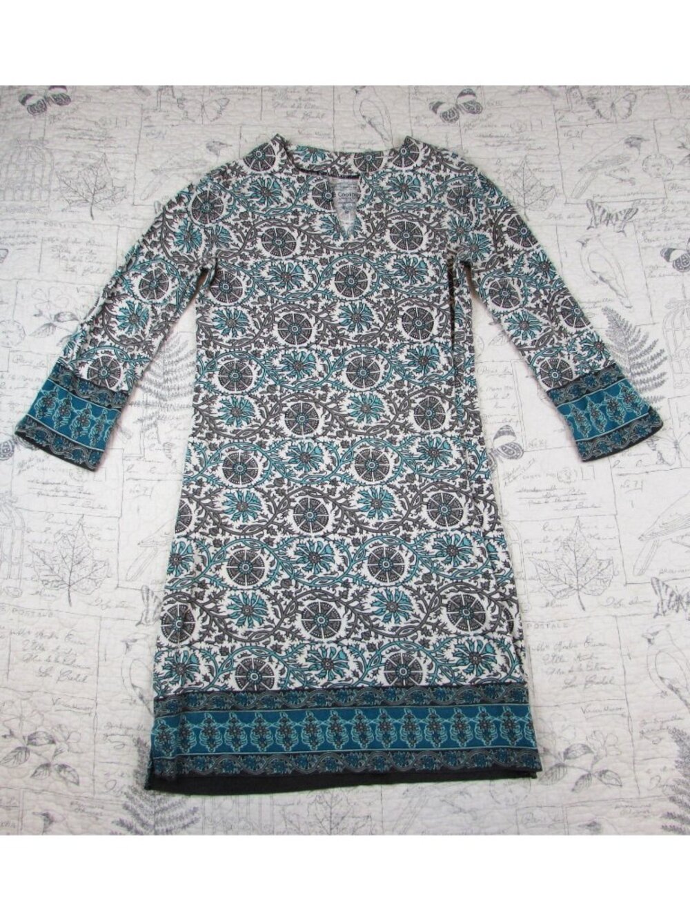Coolibar Oceanside Tunic Dress Womens Turquoise gray Geo Print UPF 50 Bamboo XS